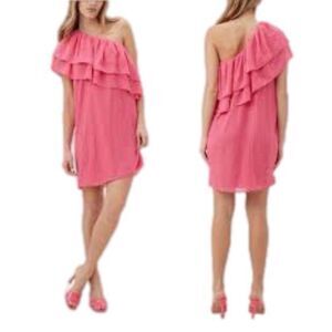 NWT Trina Turk Phebe embroidered one shoulder pink ruffle dress size L